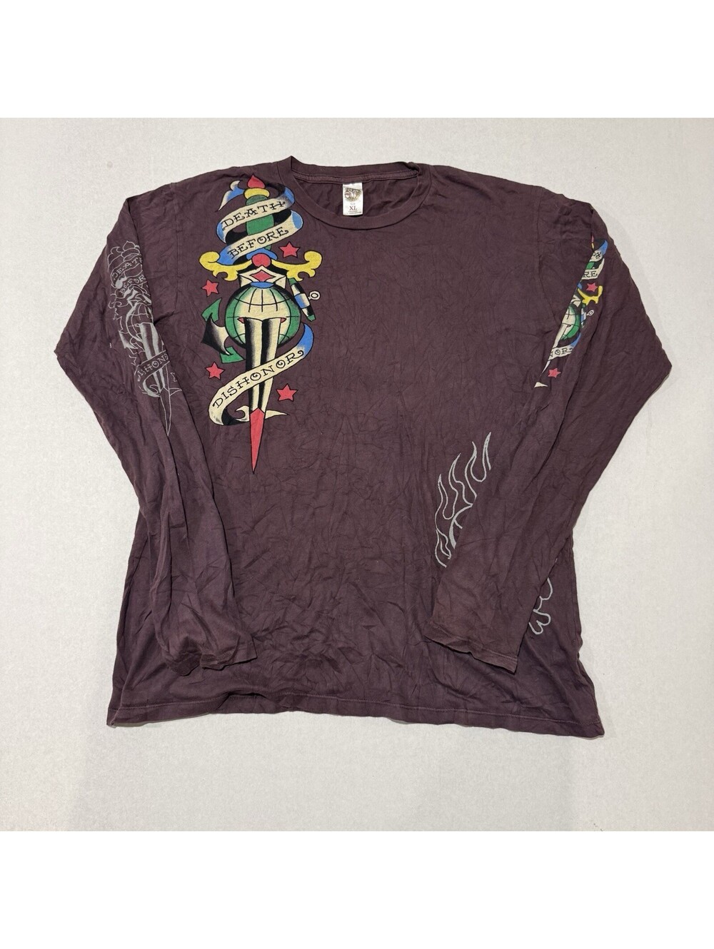 Vintage Ed Hardy Y2K Brown Long Sleeve Graphic T-Shirt Death Before Dishonor Men